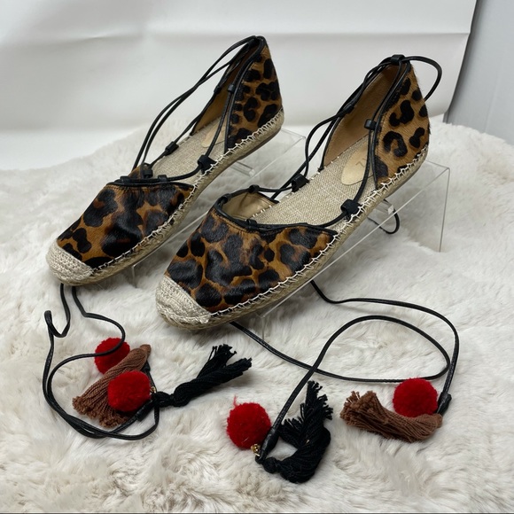 Schutz Espadrille Leopard Calf Hair Lace Up Tassel Boho Flats Size 9B - Picture 2 of 8